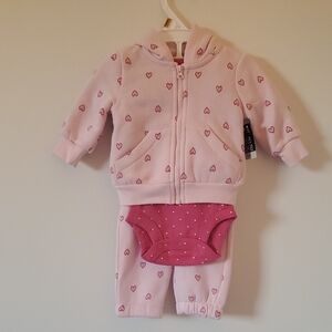 NWT Pink Heart Baby Jacket With Hoodie, Onsie, And Pants Set Size Newborn
